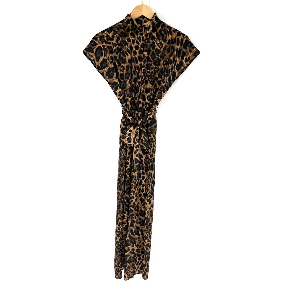 Michael Kors Leopard Wide-Leg Jumpsuit Womens Size XXS Belted Brown Cap Sleeve